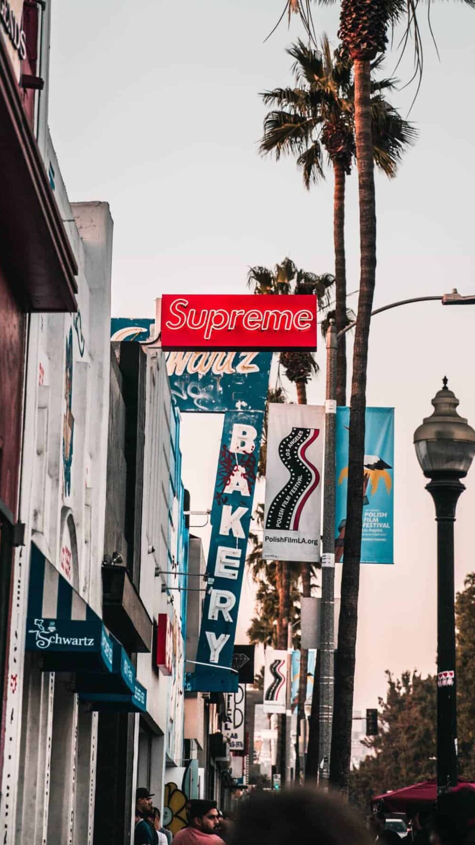 A shot of Sunset Strip with the Supreme sign out front.