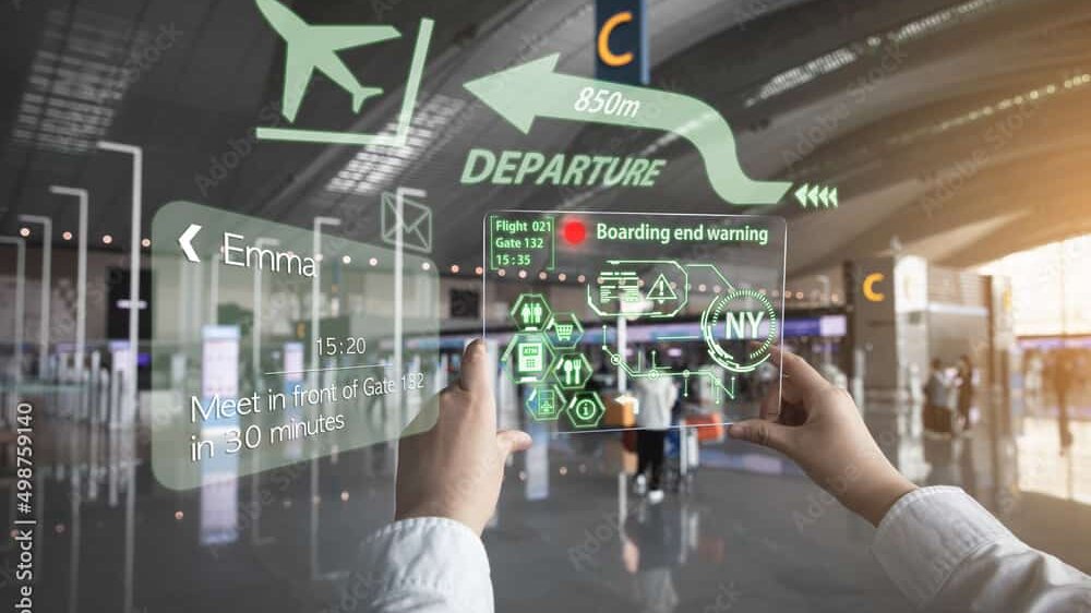 A woman receiving information using AR equipment at the airport (a hologram is displayed using a transparent acrylic plate)