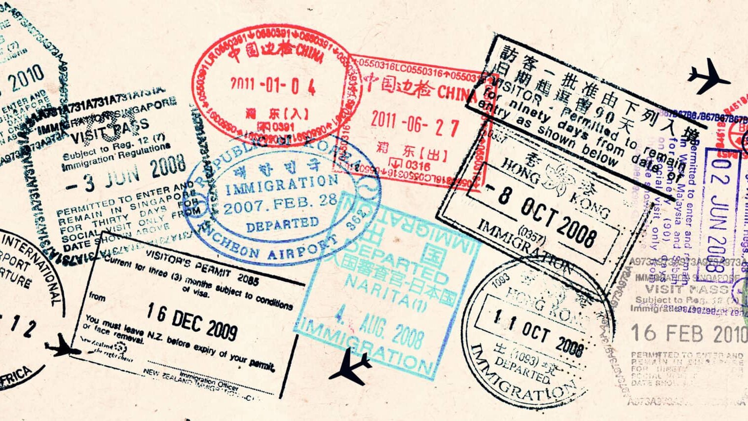 Passport visas stamps on sepia textured, vintage travel collage background