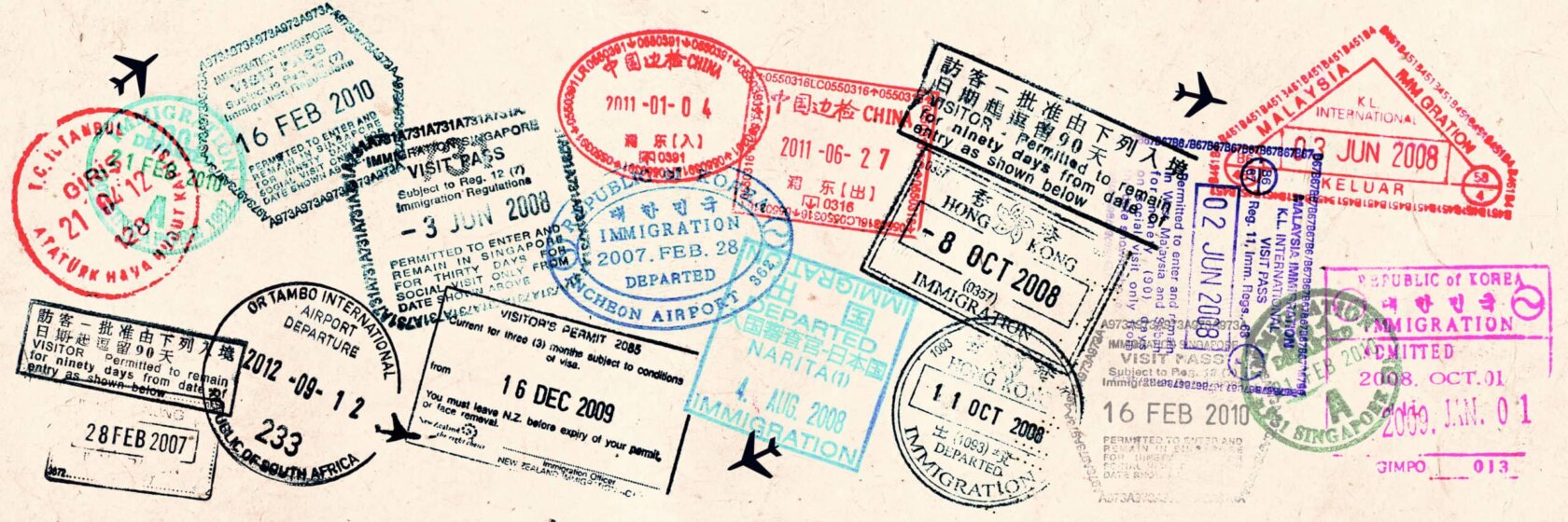 Passport visas stamps on sepia textured, vintage travel collage background