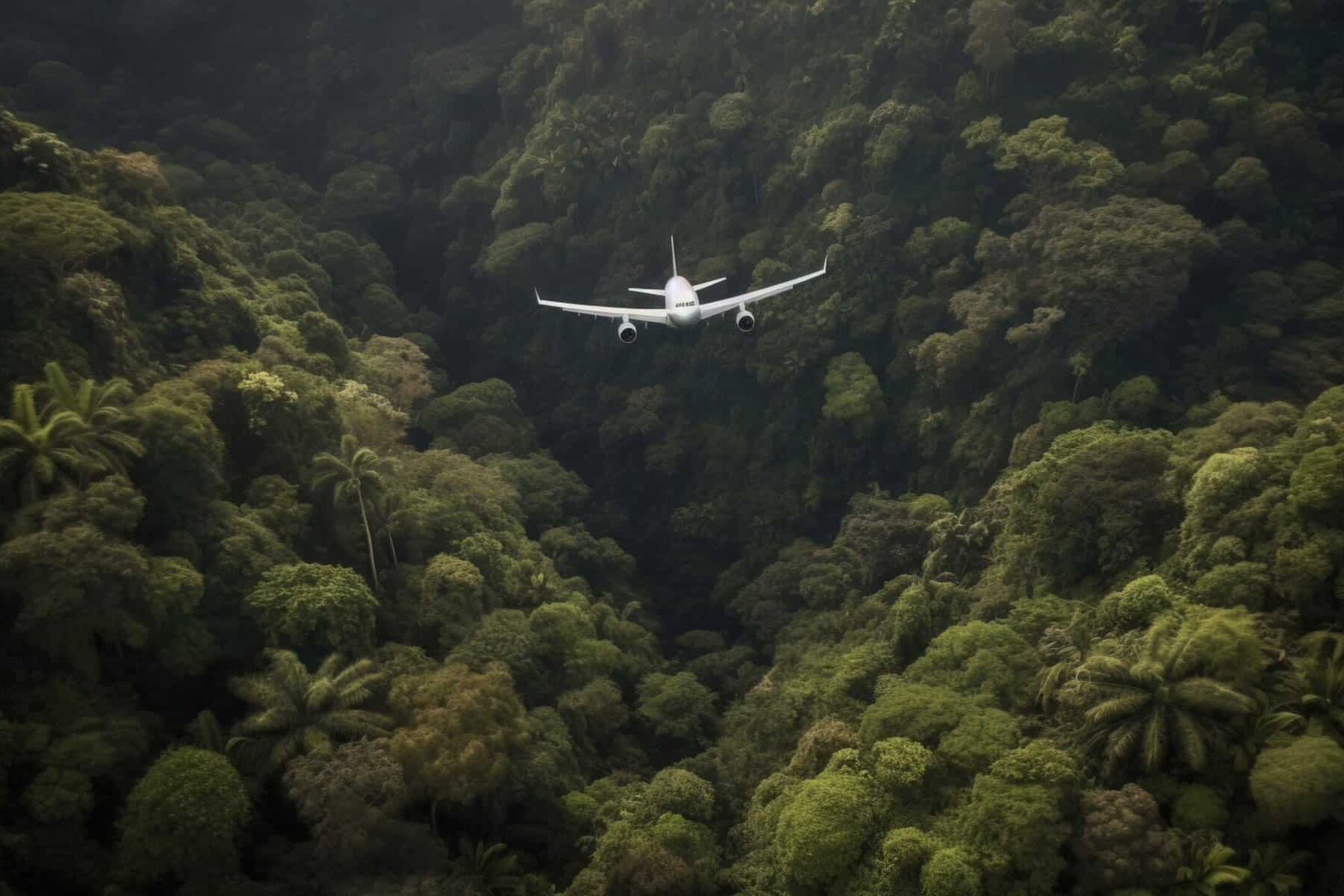Liner tourist plane flies over the forested tropical jungle in the morning sun. Exotic travel. AI generated.