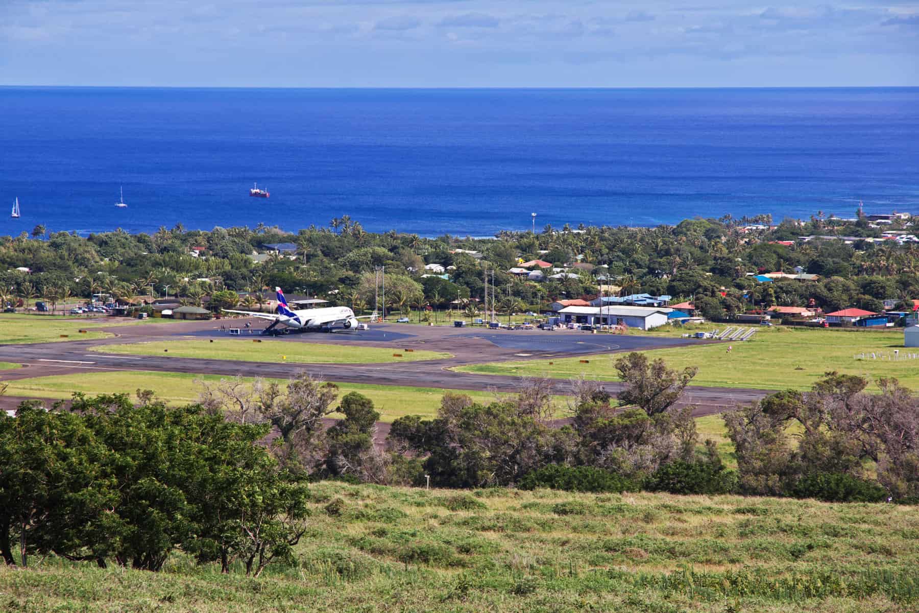 Rapa Nui. The view on the airport of Hanga Roa, Easter Island, Chile