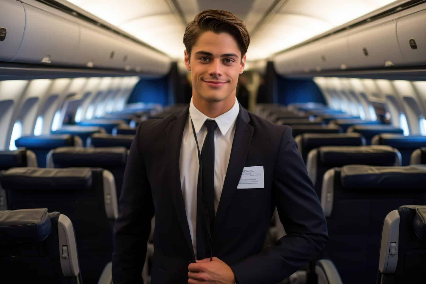 Retrato sonriente de un asistente de vuelo masculino de pie en el avión. IA generativa
